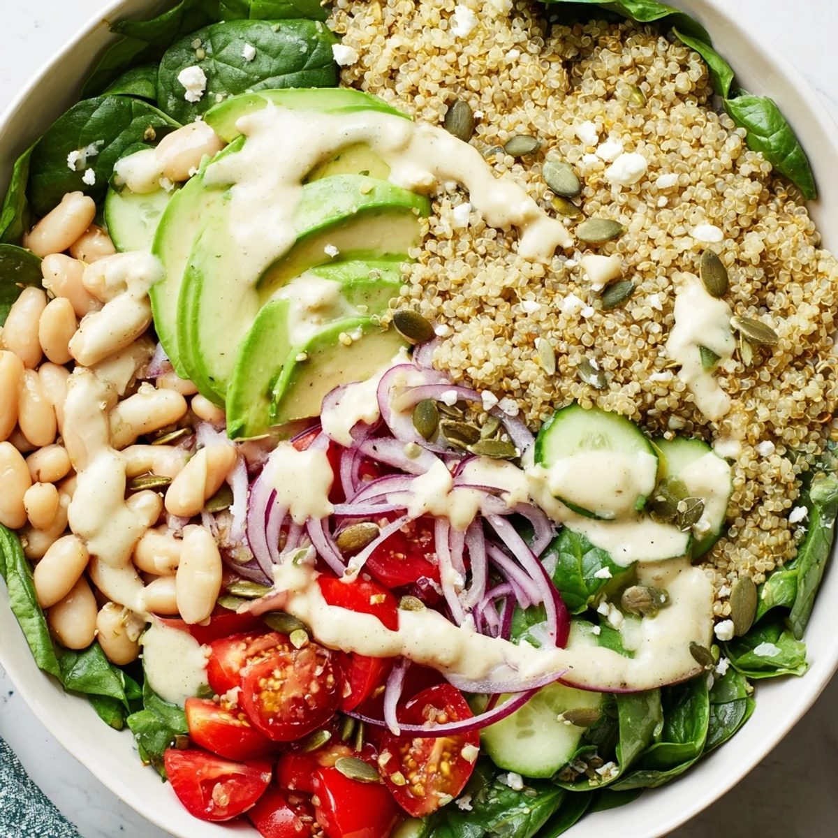 The Spinach & White Bean Ultimate Protein Power Bowl showcases quinoa, spinach, and a lemon-tahini drizzle.