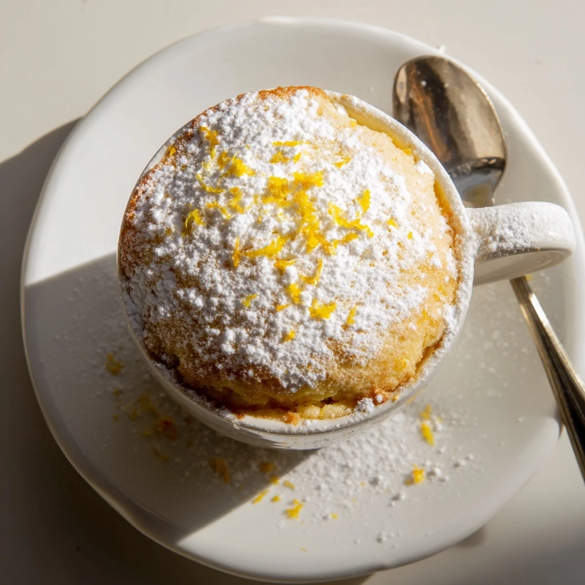 A close-up of a fluffy Lemon Cottage Cheese Mug Cake dusted with powdered sugar, served warm in a white ceramic mug.