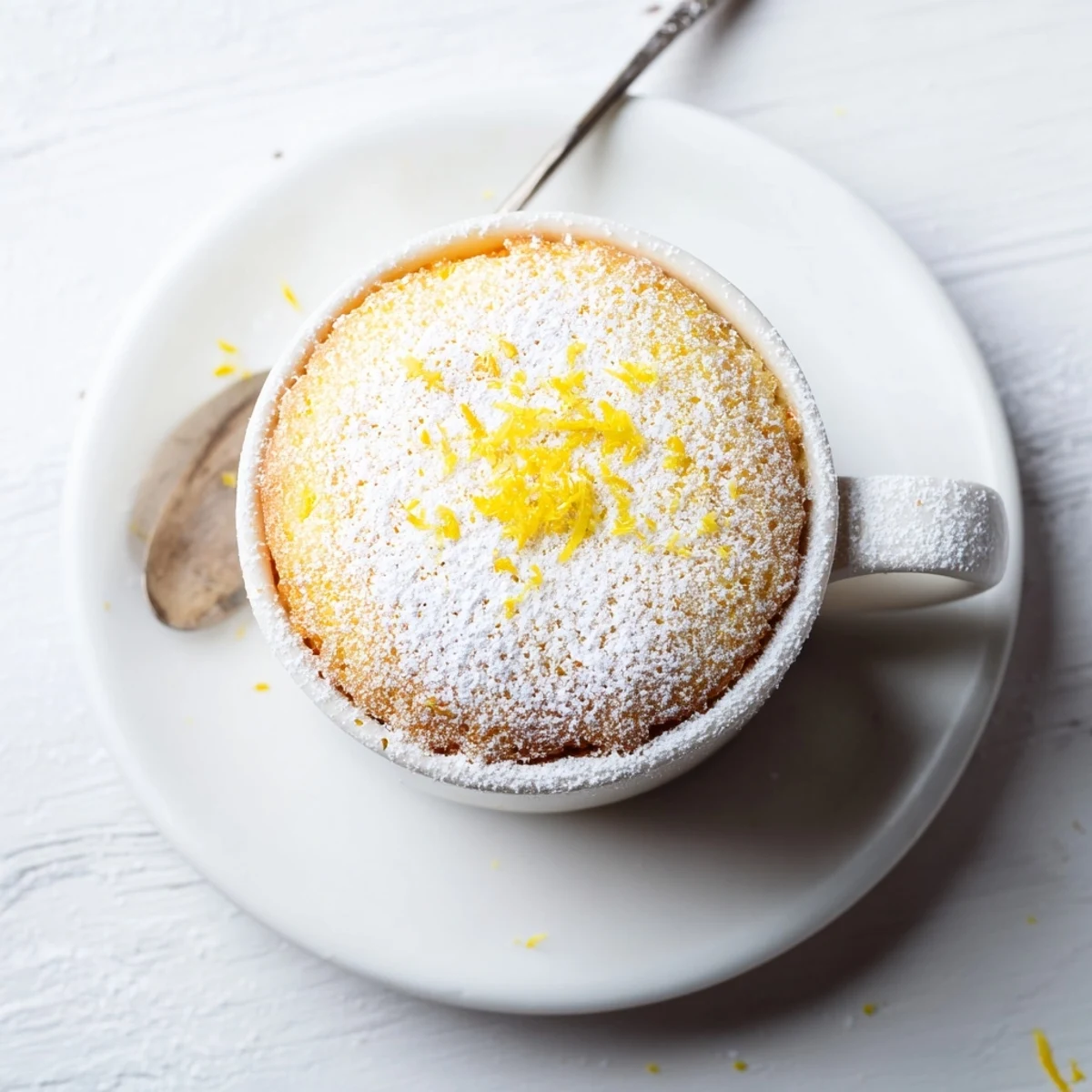 The finished Lemon Cottage Cheese Mug Cake shows a bright yellow hue and a moist crumb, with a spoon ready to dig in.