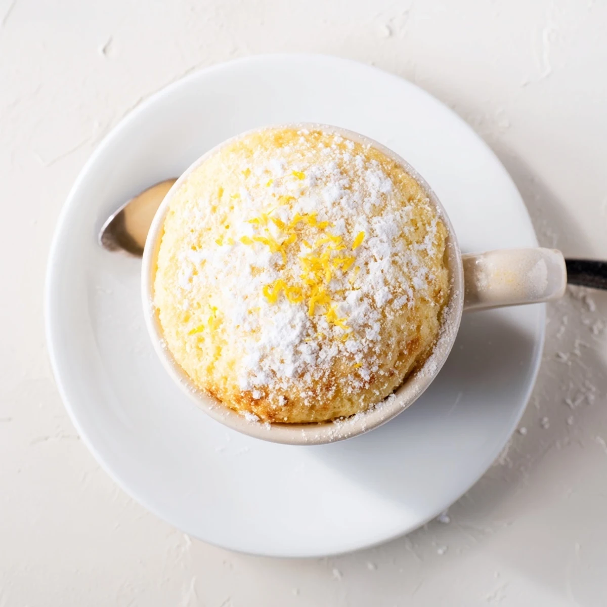 A freshly microwaved Lemon Cottage Cheese Mug Cake sits beside lemon slices and a dollop of yogurt for serving.