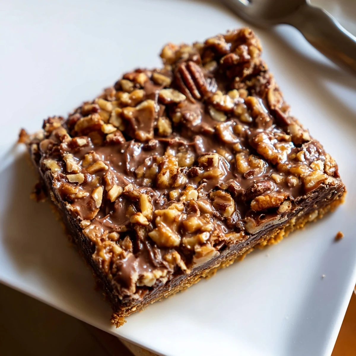 A slice of Cake Mix Toffee Bars revealing a chewy, buttery crumb with chocolate and pecans, served on a white plate.