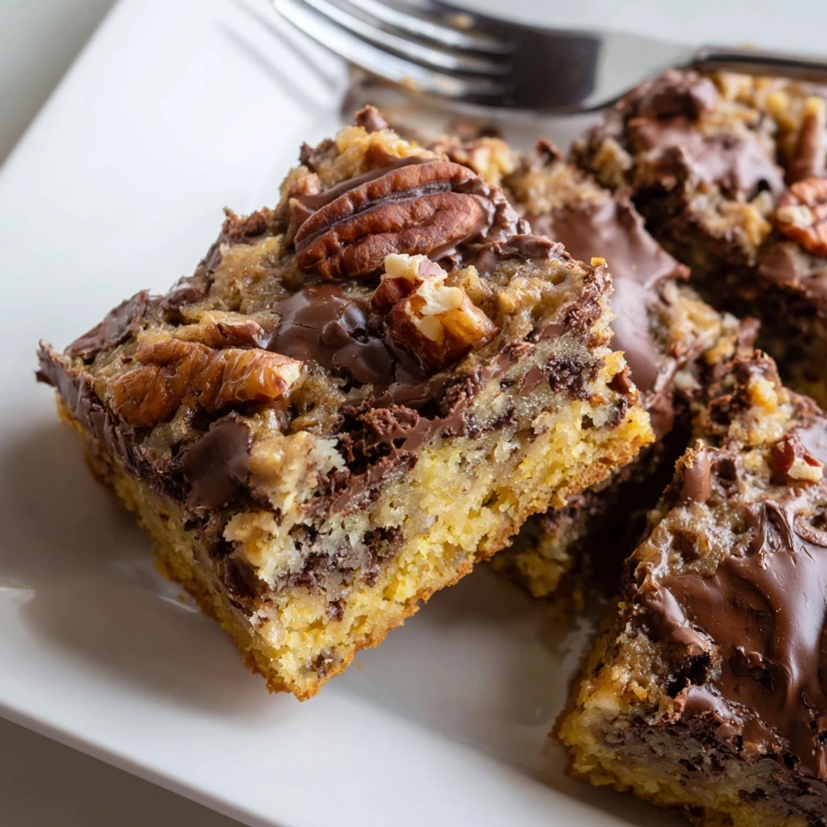 Close-up of freshly baked Cake Mix Toffee Bars with golden edges, melted chocolate, and crunchy toffee bits on a wooden board.
