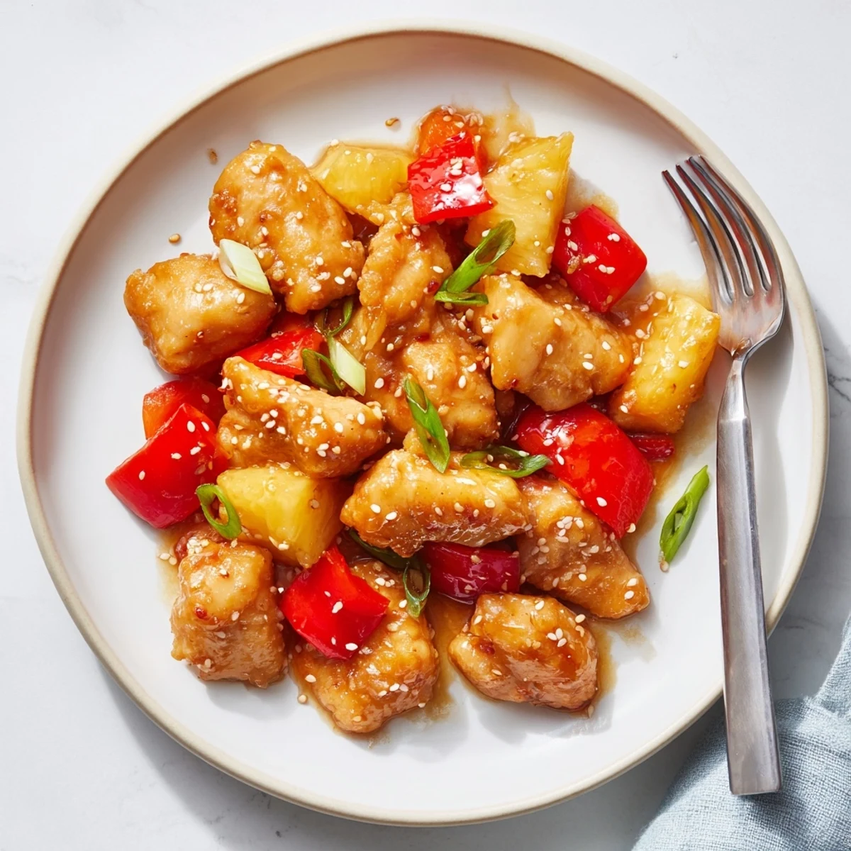 Golden-brown chicken pieces coated in Sticky Pineapple Chicken sauce with fresh pineapple chunks and red bell pepper in a skillet.