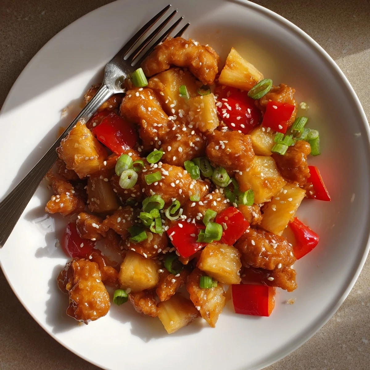 Sizzling Sticky Pineapple Chicken in a wok with a sweet and tangy glaze, garnished with diced peppers and pineapple.