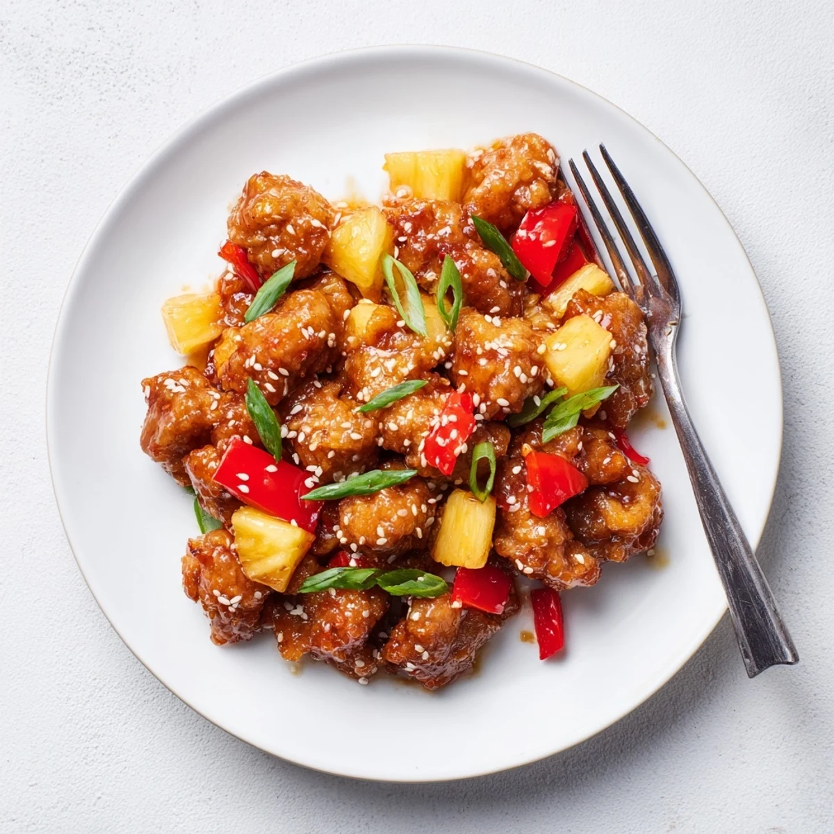 Sticky Pineapple Chicken served over jasmine rice, topped with green onions and sesame seeds for a flavorful weeknight dinner.
