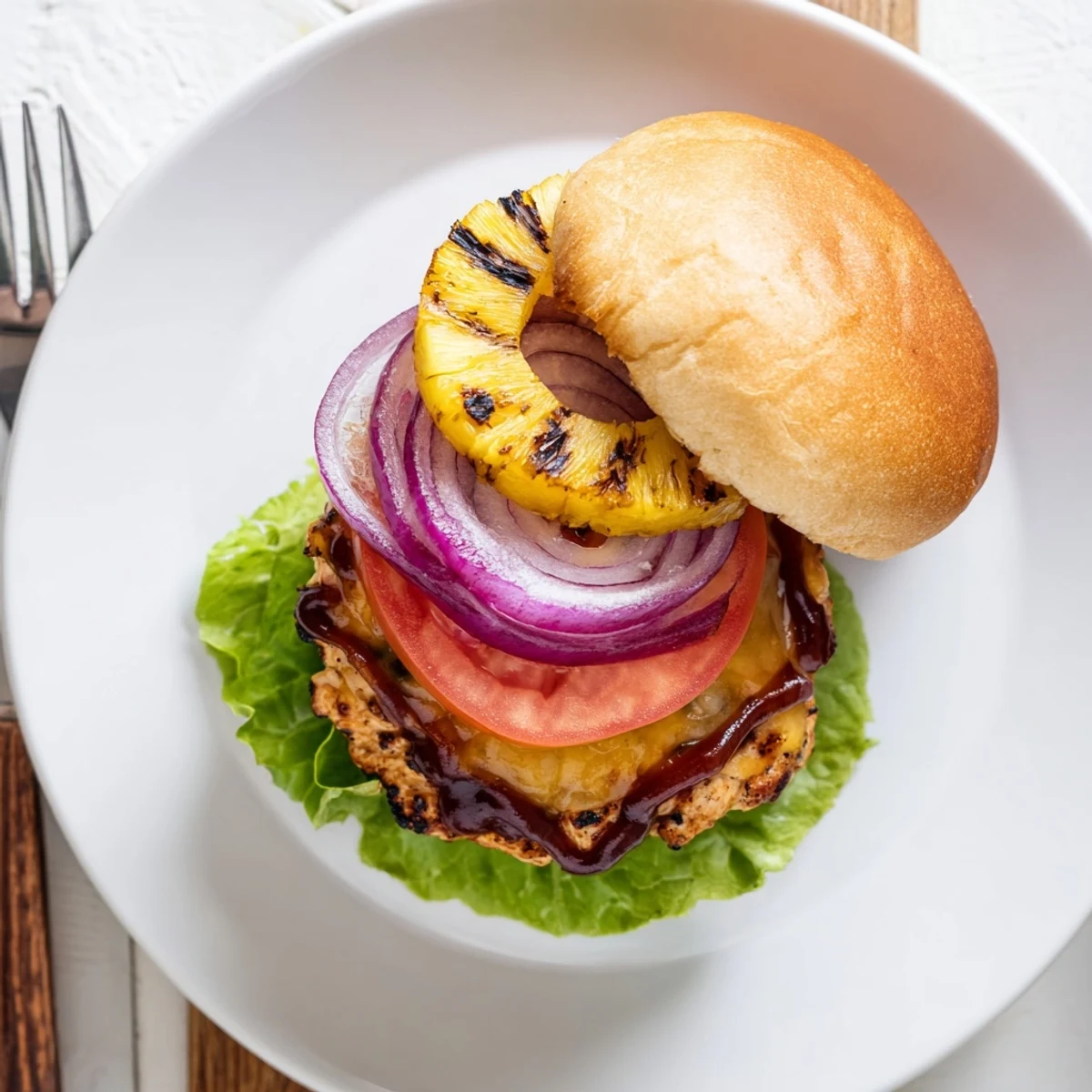 Juicy chicken patty with sweet pineapple and fresh vegetables on a white plate.