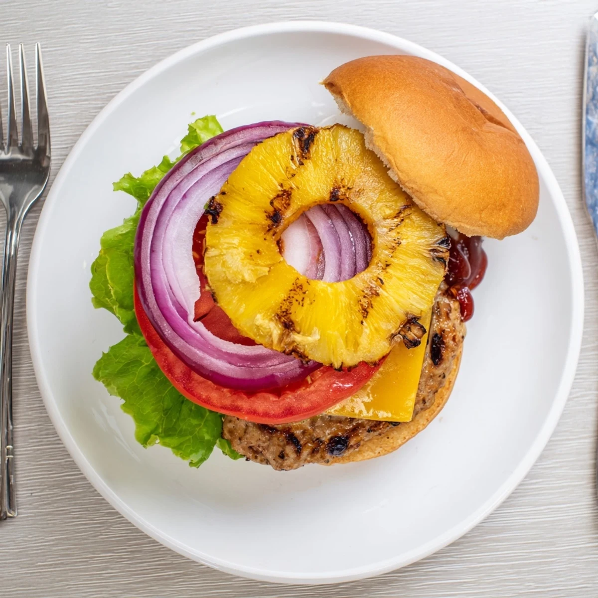 Tropical flavored chicken burger with grilled pineapple rings and tangy barbecue sauce topping.