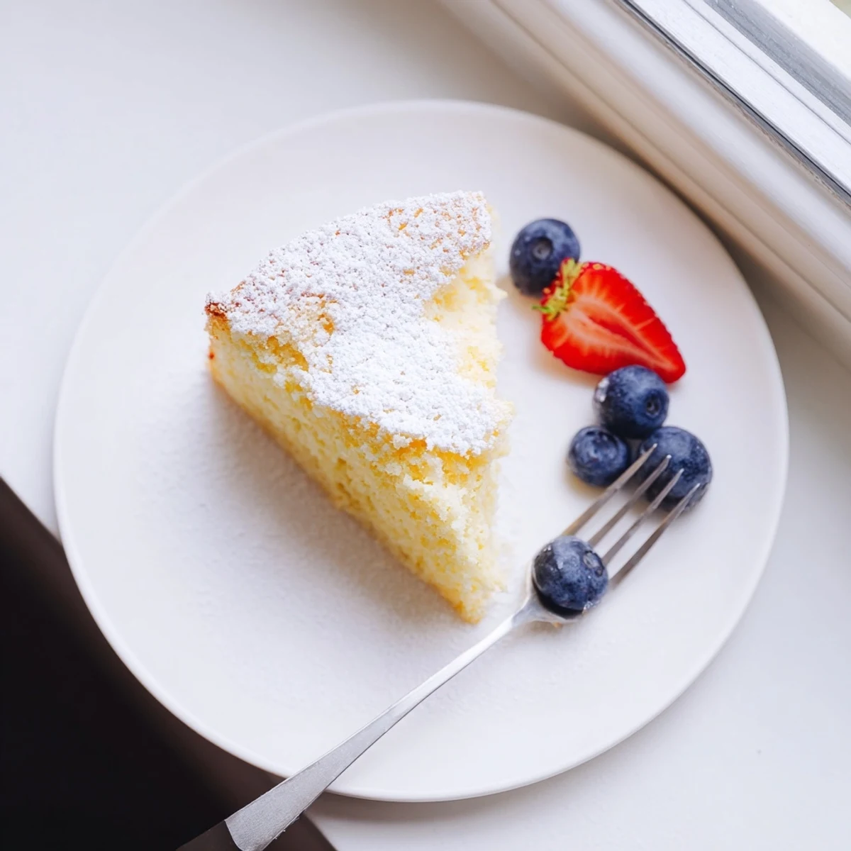 A slice of Fluffy Yogurt Cloud Cake on a white plate, dusted with powdered sugar and topped with fresh raspberries for a light dessert.