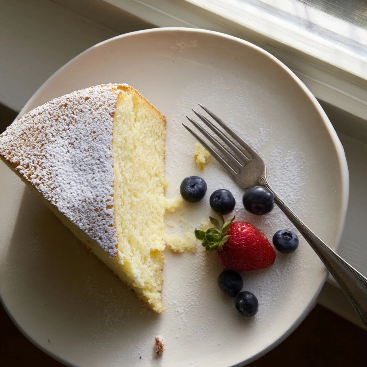 A close-up view of the Fluffy Yogurt Cloud Cake, revealing a delicate crumb with a dollop of whipped cream and blueberries.