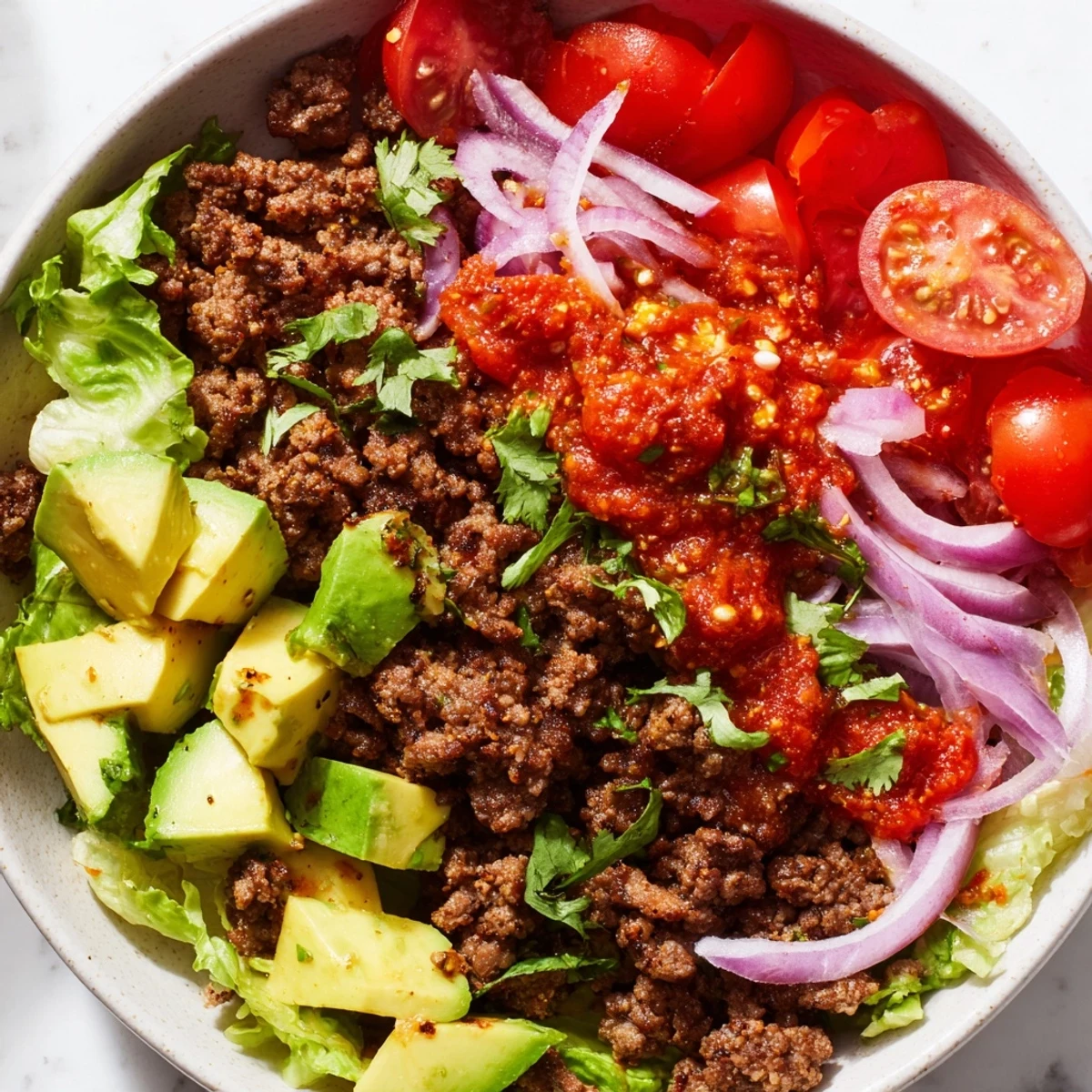 A colorful Low Carb Burrito Bowl featuring seasoned ground beef, fresh diced avocado, and crisp lettuce topped with vibrant salsa.