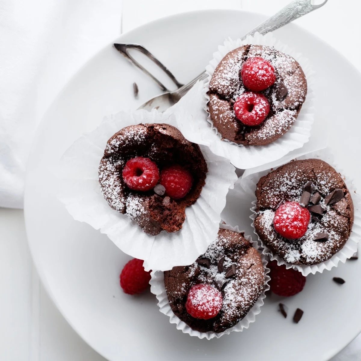 In the photo, fresh Raspberry Chocolate Lava Cupcakes are dusted with powdered sugar and garnished with berries on a dessert plate.