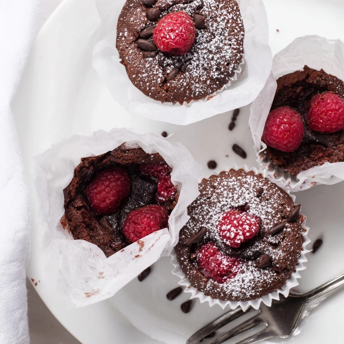 A close-up of Raspberry Chocolate Lava Cupcakes, showing cracked tops and a molten chocolate center oozing onto the plate.
