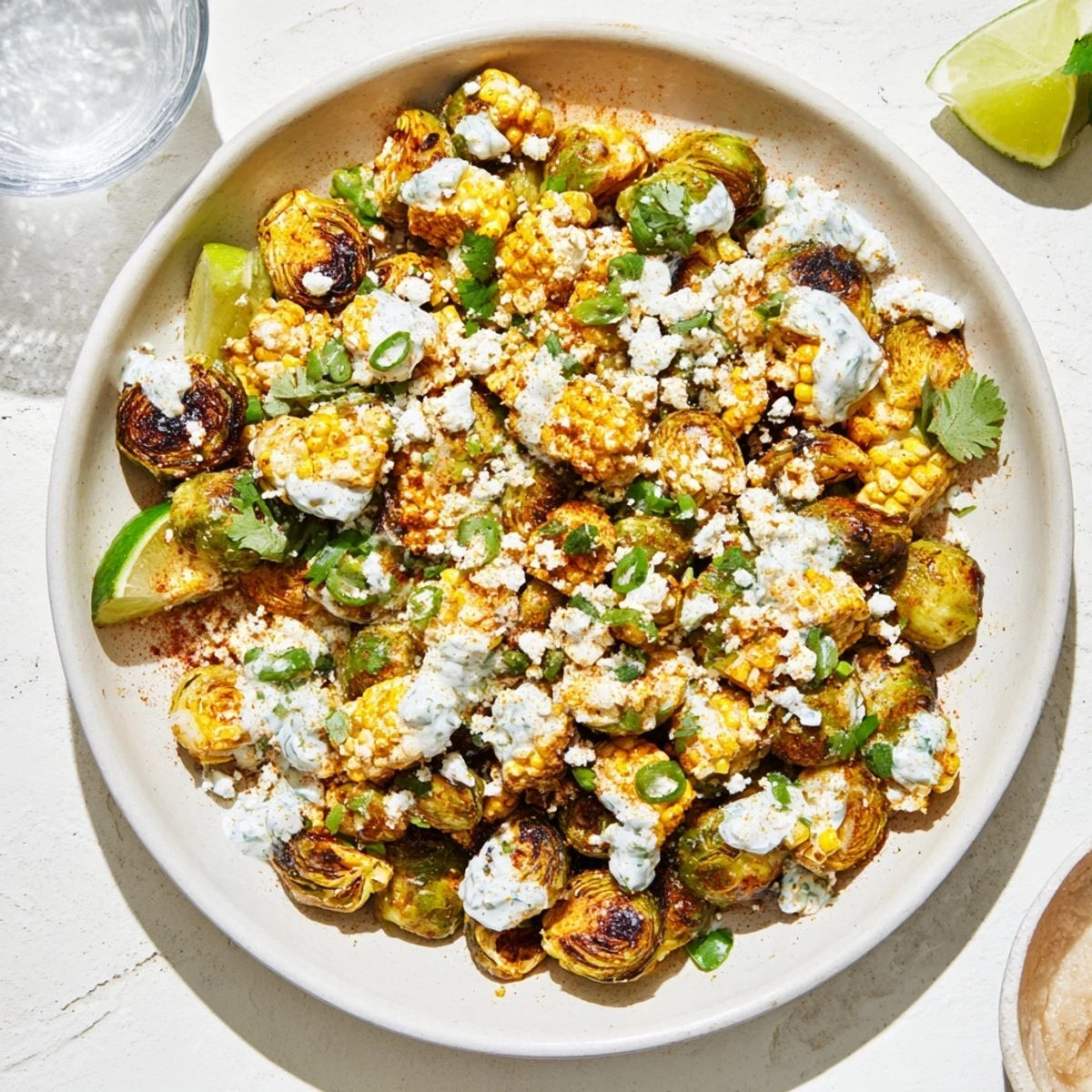 Golden Mexican Street Corn Brussels Sprouts served warm with a creamy, tangy elote-style dressing and chili powder.