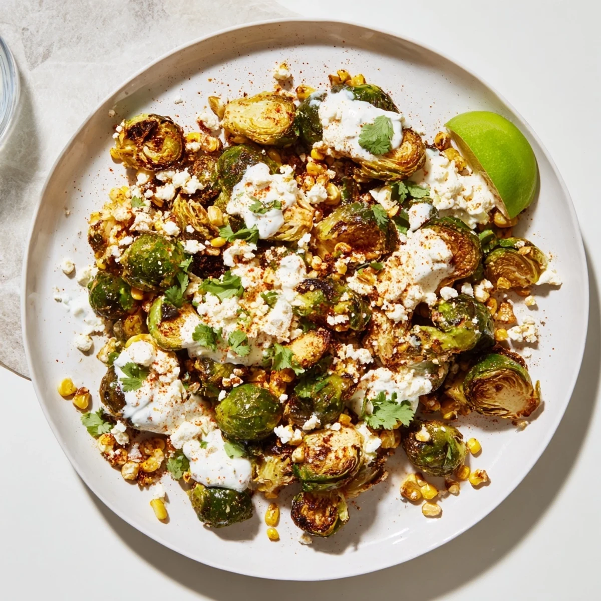 Crispy roasted Mexican Street Corn Brussels Sprouts topped with crumbled cotija, fresh cilantro, and a squeeze of lime.