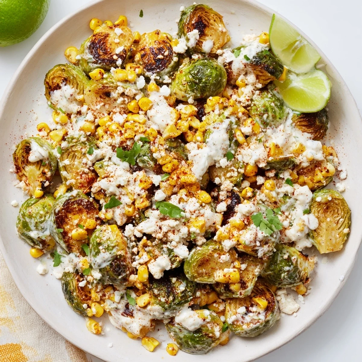Charred Mexican Street Corn Brussels Sprouts in a rustic platter garnished with cotija cheese and fresh scallions.