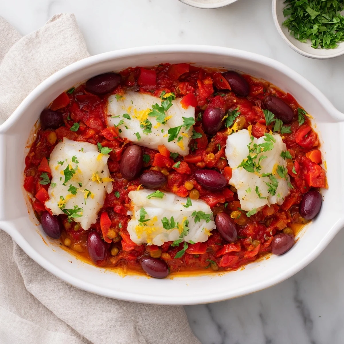 Mediterranean Baked Cod With Olives emerges from the oven with flaky white fish nestled in a rich, ruby-red tomato sauce studded with dark olives.