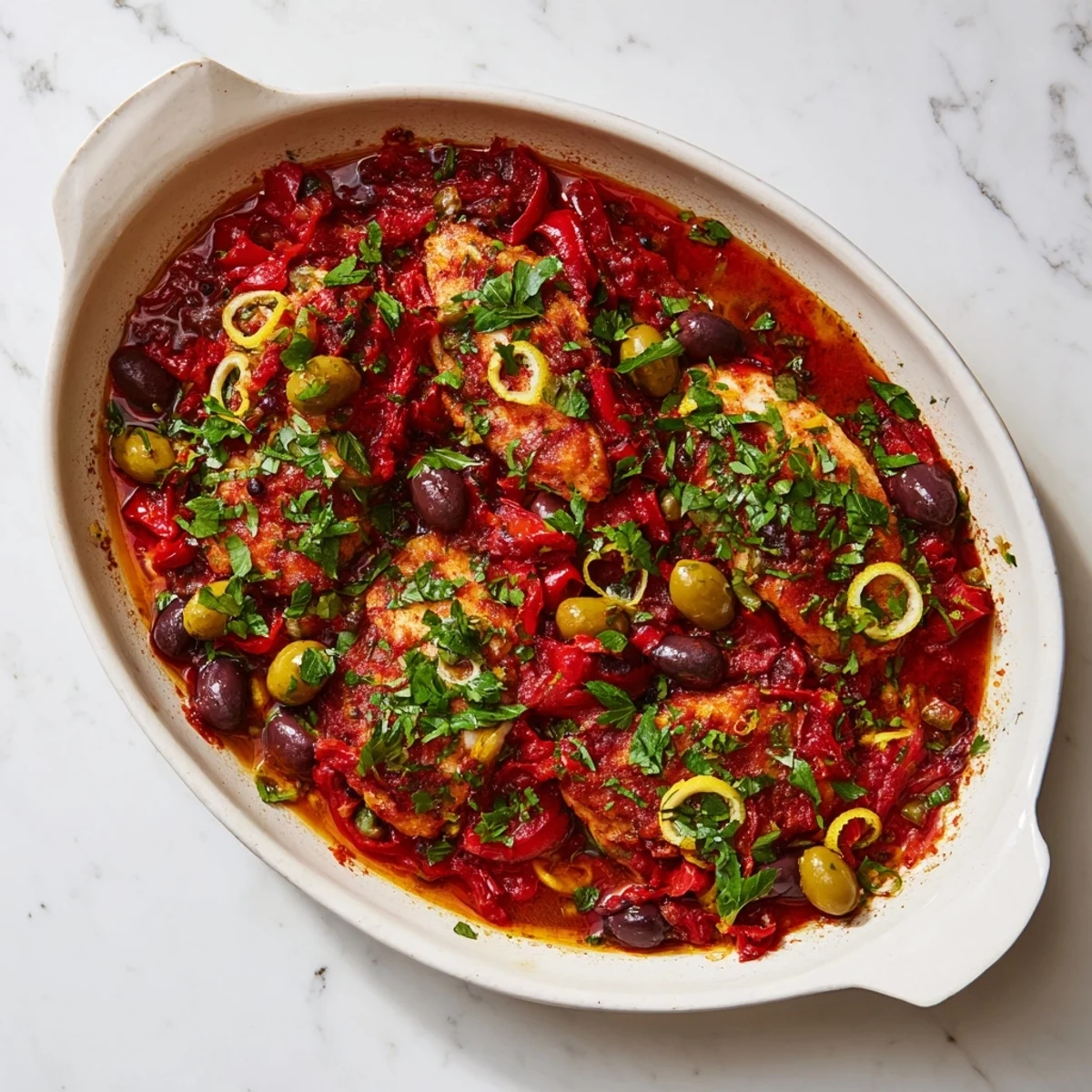 A close-up view shows fork-tender Mediterranean Baked Cod With Olives glistening with olive oil and topped with vibrant fresh parsley and basil.
