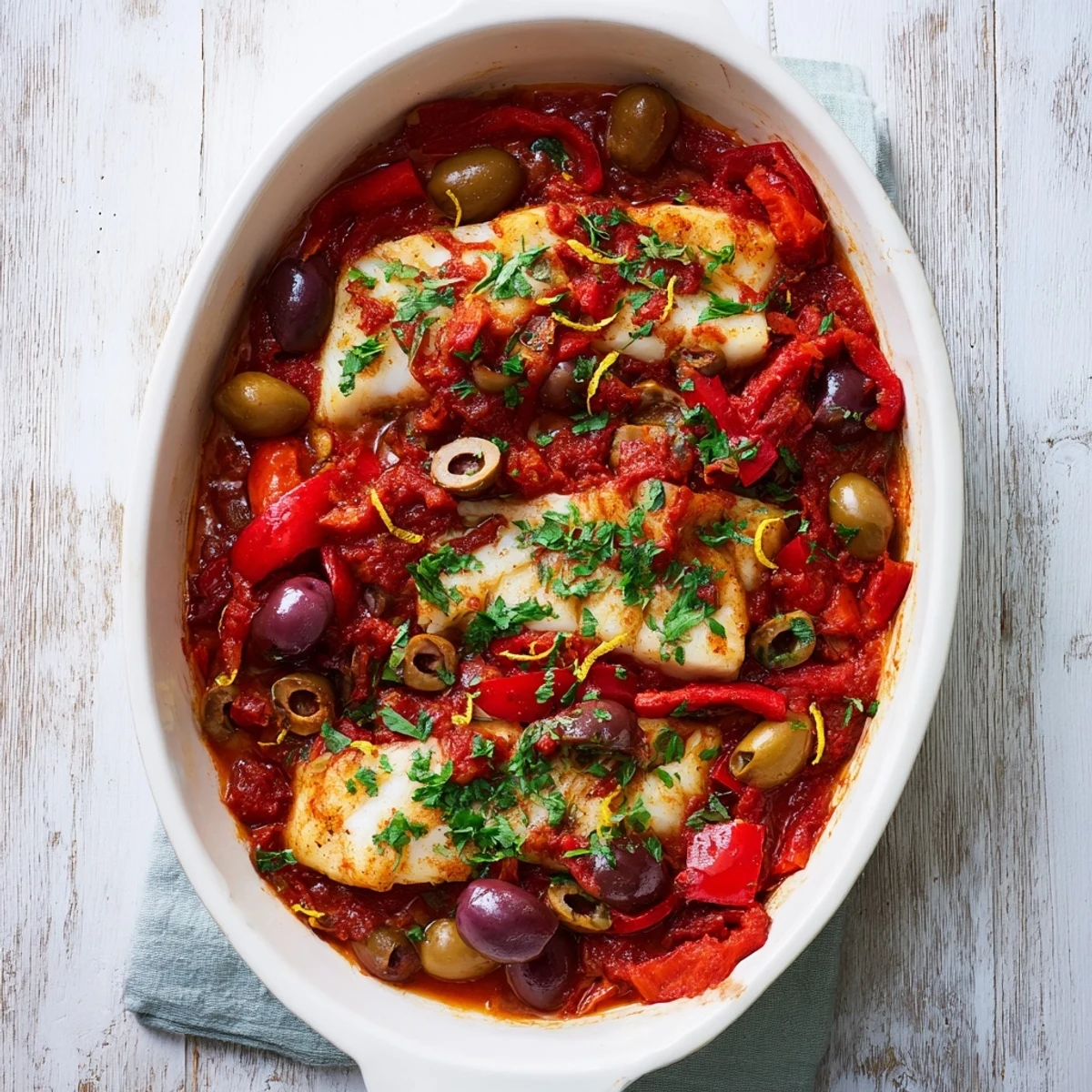 Serve Mediterranean Baked Cod With Olives steaming in a rustic baking dish alongside lemon wedges and crusty bread for a wholesome dinner.