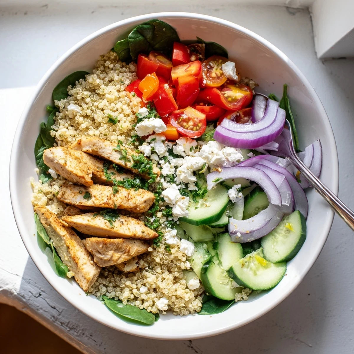 A vibrant Easy High-Protein Chicken & Quinoa Bowl with sliced grilled chicken, fluffy quinoa, fresh diced vegetables, and feta cheese.