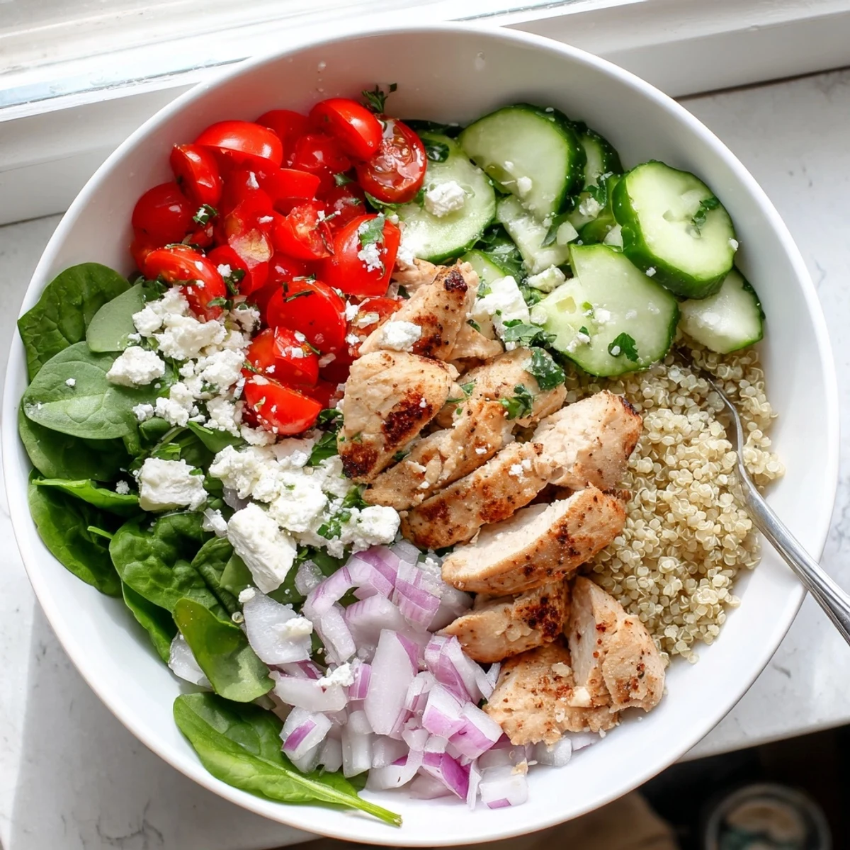 Plated Easy High-Protein Chicken & Quinoa Bowl featuring tender chicken slices, bright red tomatoes, crisp cucumbers, and a lemon herb dressing.