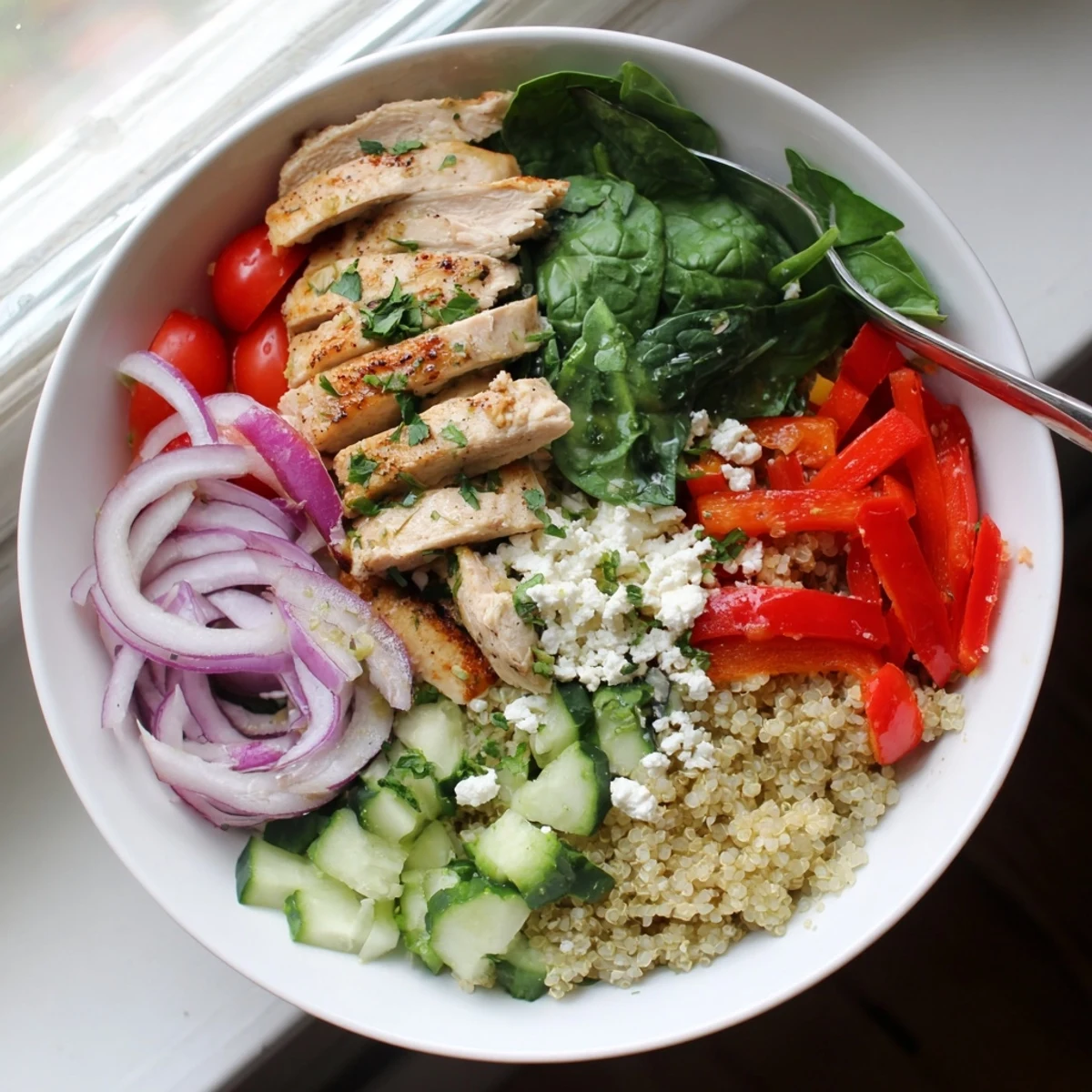 Freshly prepared Easy High-Protein Chicken & Quinoa Bowl served over spinach with quinoa, colorful veggies, and a sprinkle of crumbled feta.