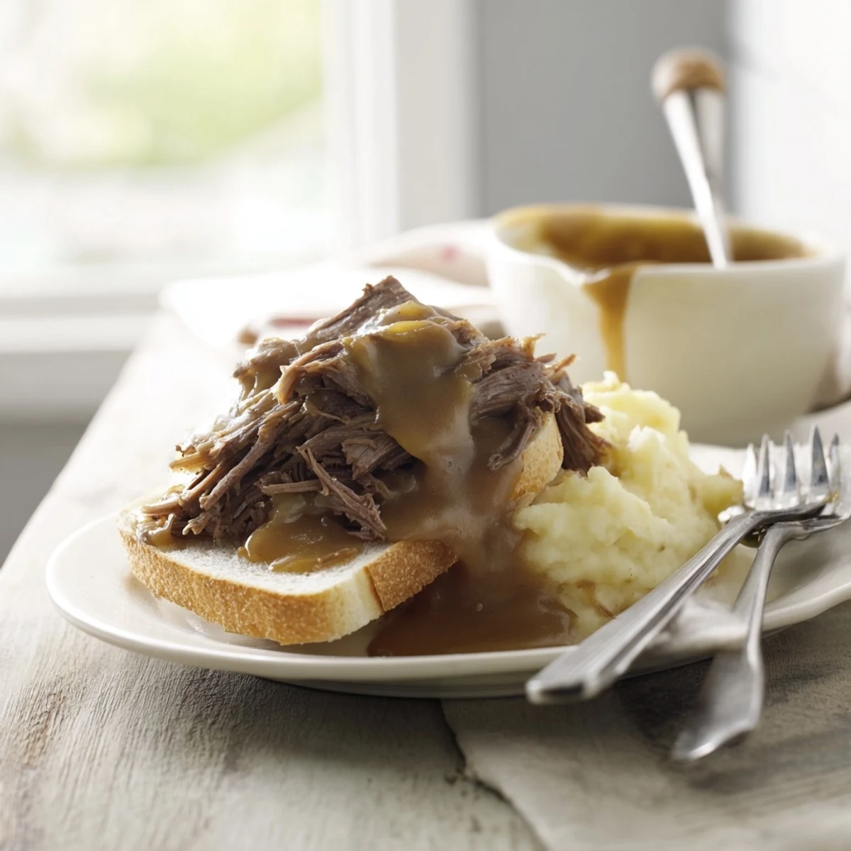 A close-up of Slow Cooker Beef Manhattan with tender shredded beef, velvety gravy, and smooth mashed potatoes on thick toast.