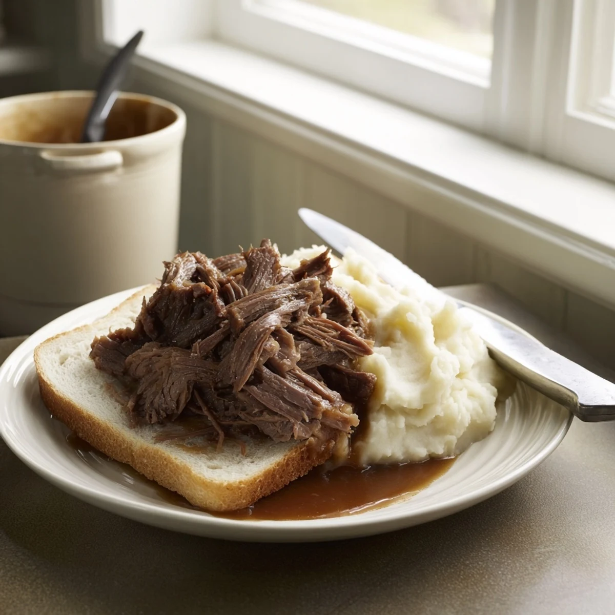 Serving suggestion for Slow Cooker Beef Manhattan featuring golden-brown beef, gravy drizzled over bread, and a side of fluffy potatoes.