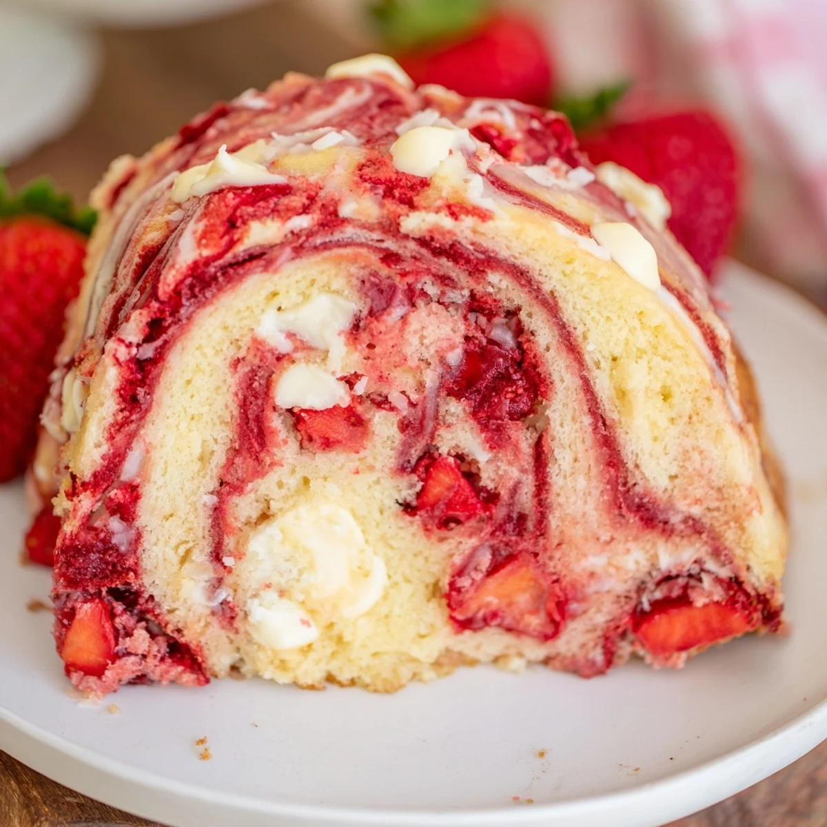 A slice of Strawberry Earthquake Cake with marbled cream cheese and white chocolate chips.