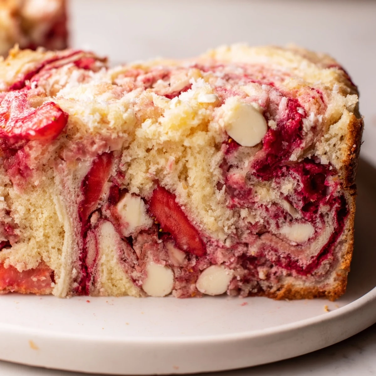 Strawberry Earthquake Cake served on a dessert plate with a glass of cold milk.