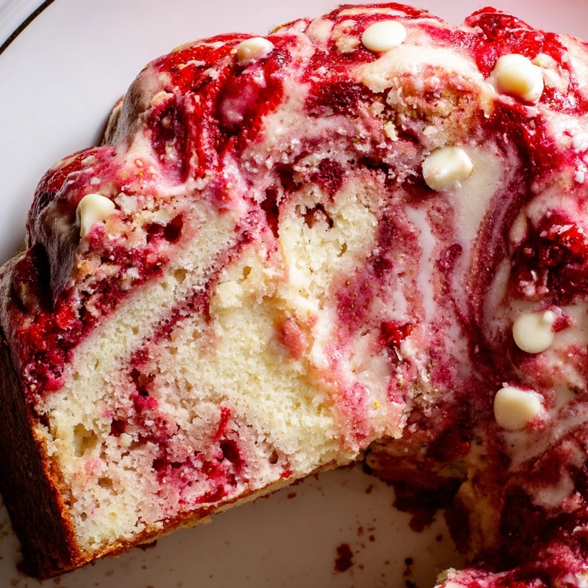 A close-up of moist Strawberry Earthquake Cake topped with fresh strawberries and coconut flakes.