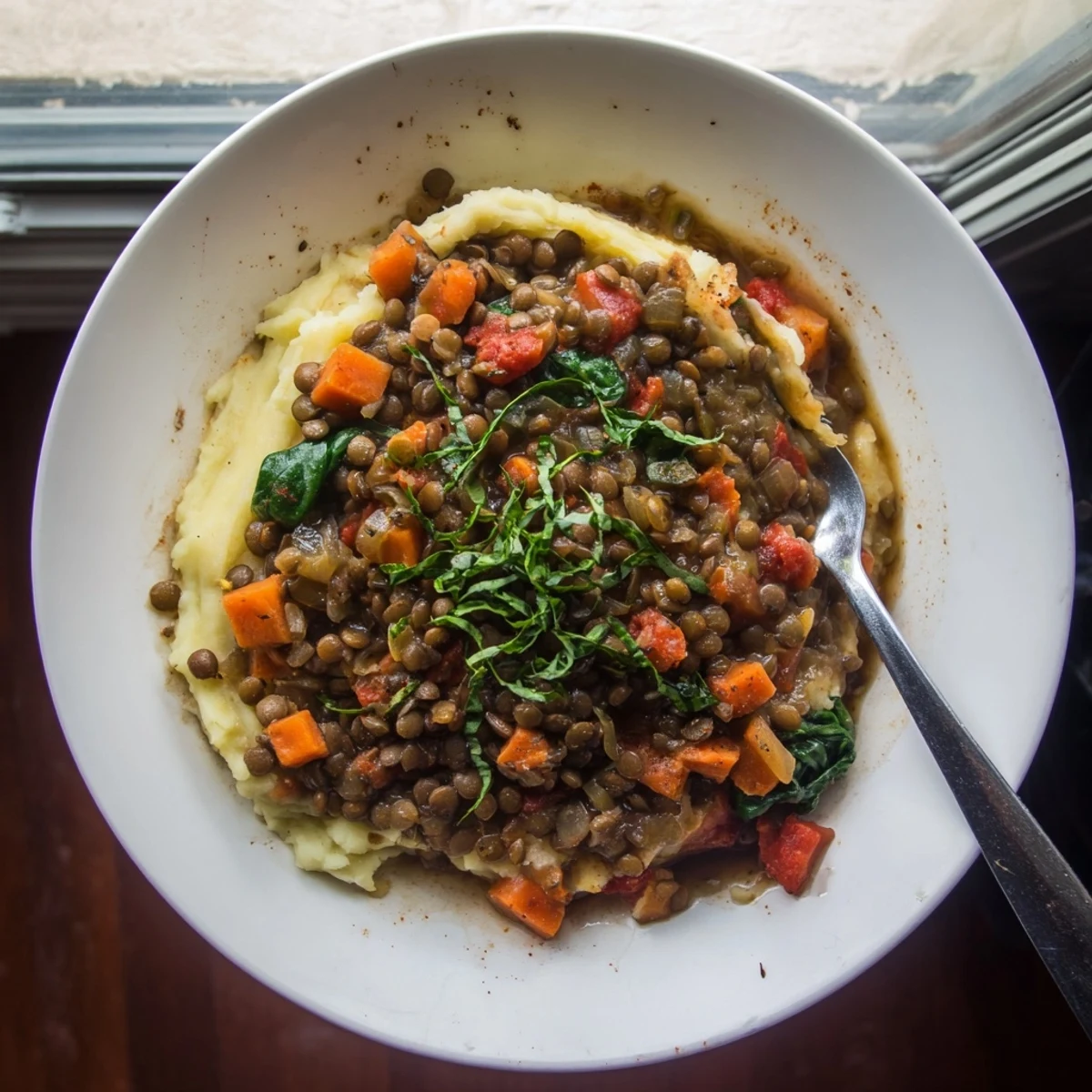 Savory lentil stew served over fluffy mashed potatoes, featuring vibrant vegetables and a rich tomato base.