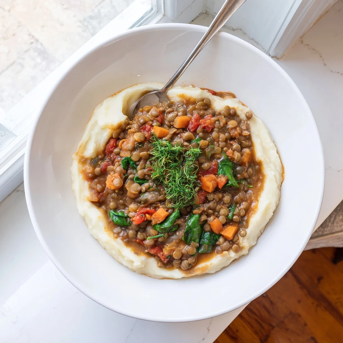 Creamy mashed potatoes topped with a hearty lentil stew, sprinkled with fresh herbs for a comforting meal.