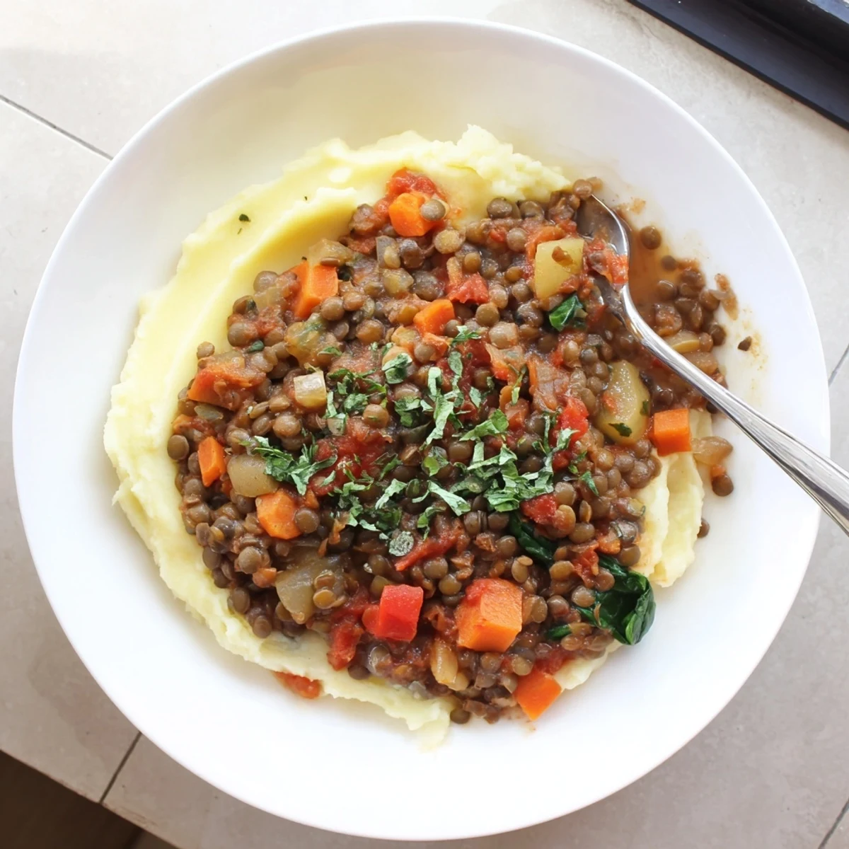 A rustic bowl of lentil stew over velvety mashed potatoes, garnished with wilted spinach and parsley.
