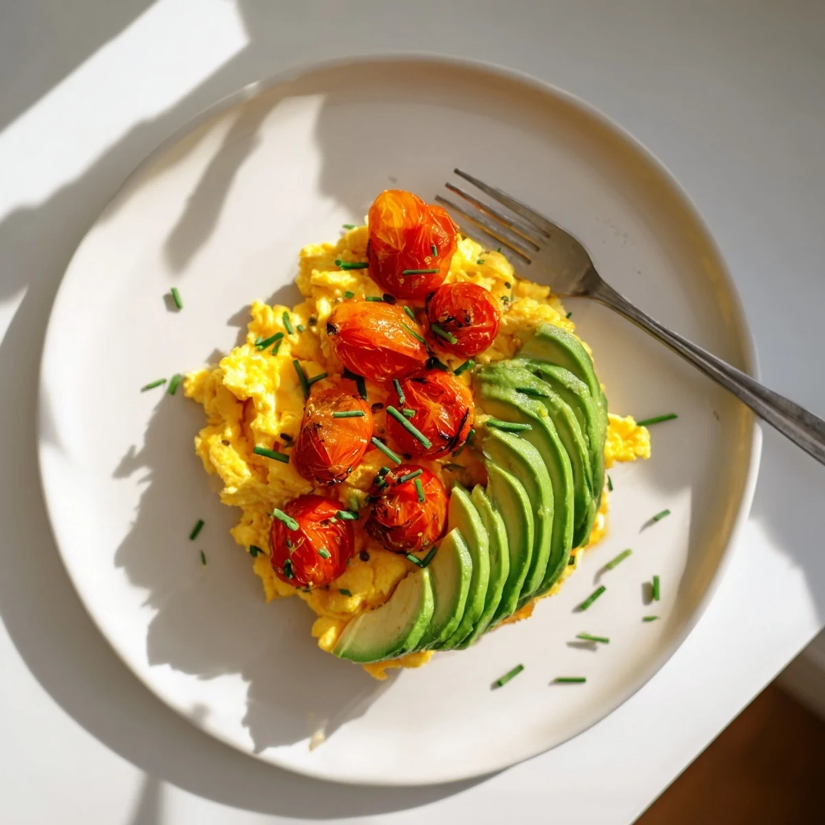 Scrambled Eggs With Avocado Seared Tomato Delight served on whole-grain toast for a hearty brunch.