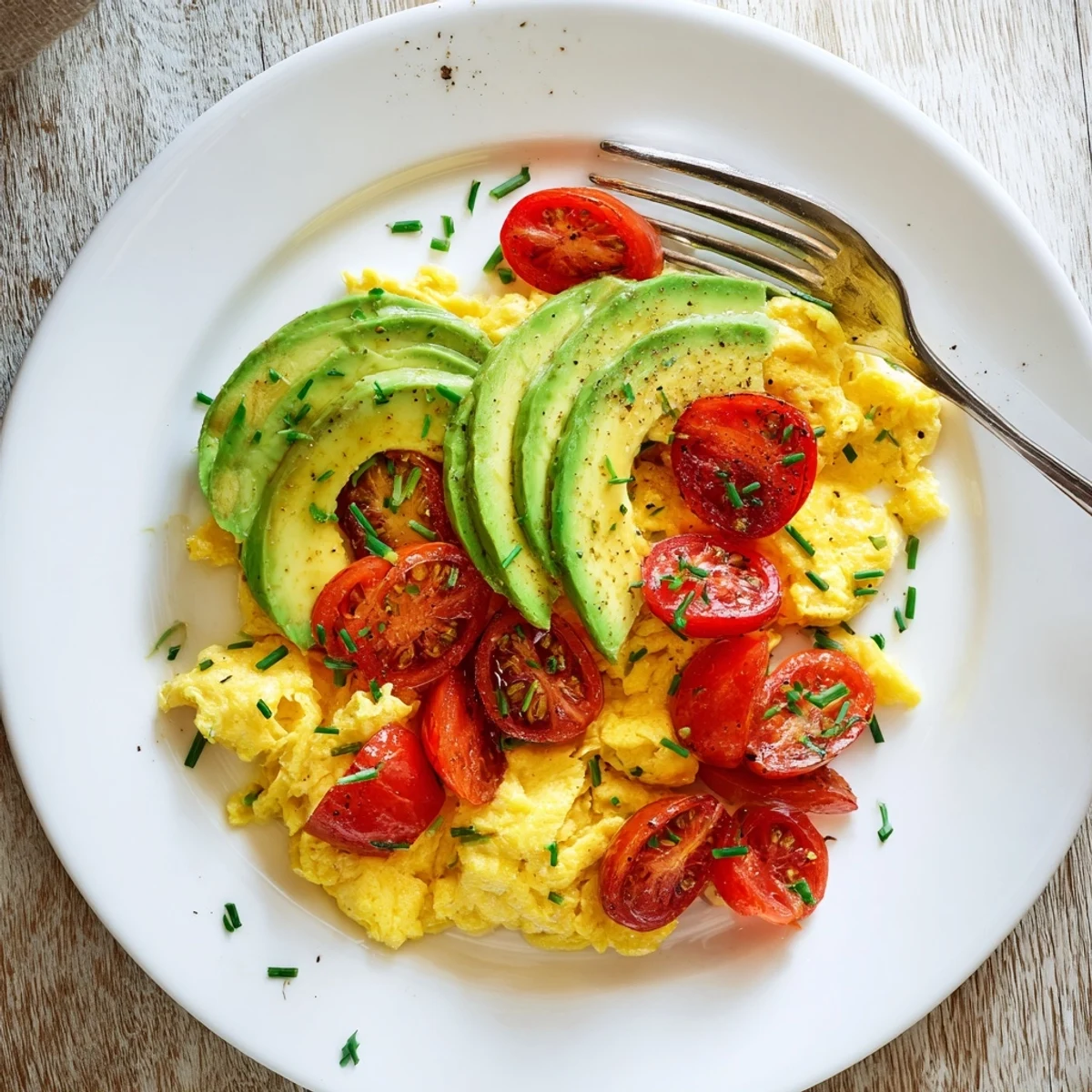 A close-up view of Scrambled Eggs With Avocado Seared Tomato Delight garnished with fresh chives and pepper flakes.