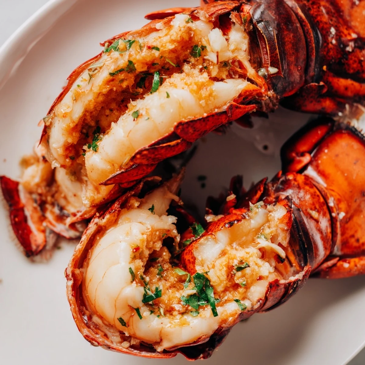 A close-up of Smoked Lobster Tails With Garlic Butter garnished with lemon wedges and parsley.