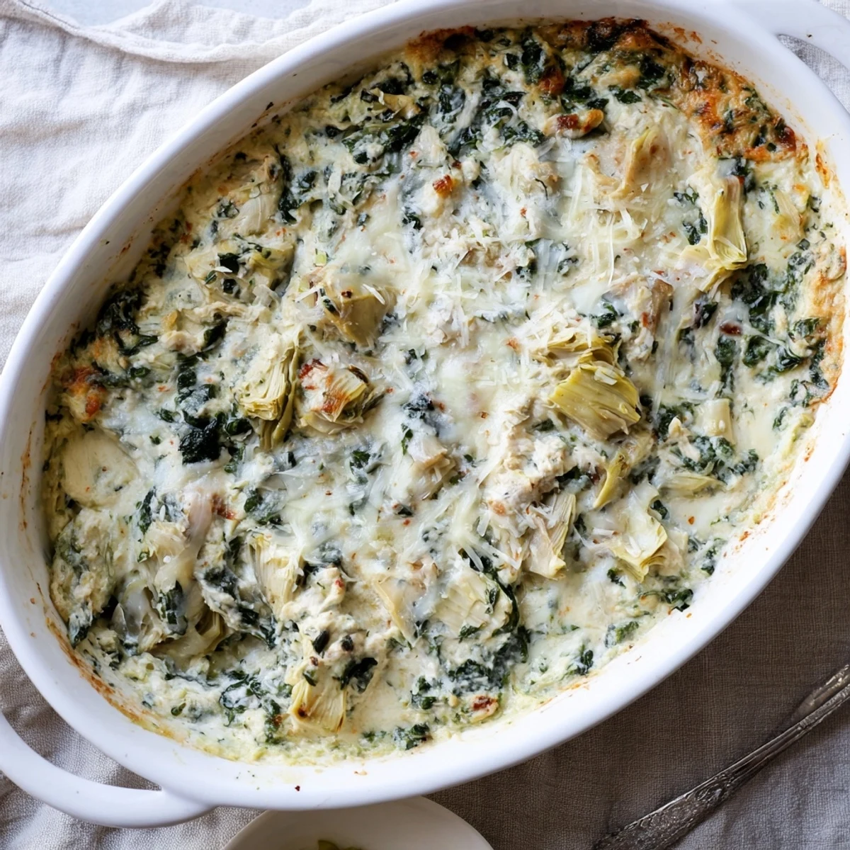 The ultimate spinach artichoke dip baked until golden and bubbly in a ceramic dish.