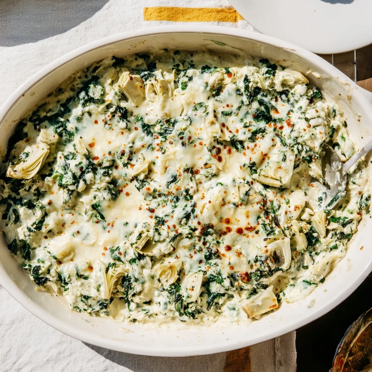 Golden spinach artichoke dip with melted cheese, served with bread and fresh veggies.