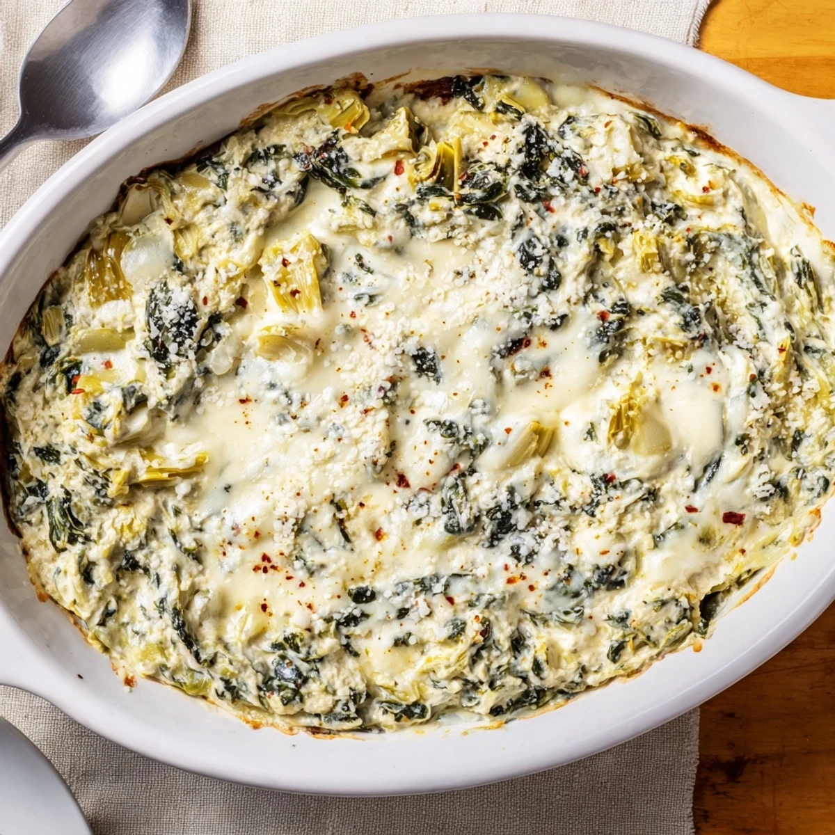 A close-up of the creamy spinach artichoke dip served warm with tortilla chips.
