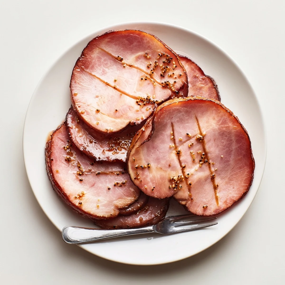 Sliced Brown Sugar Mustard Glazed Ham on a platter with glistening caramel glaze and garnished with herbs.  