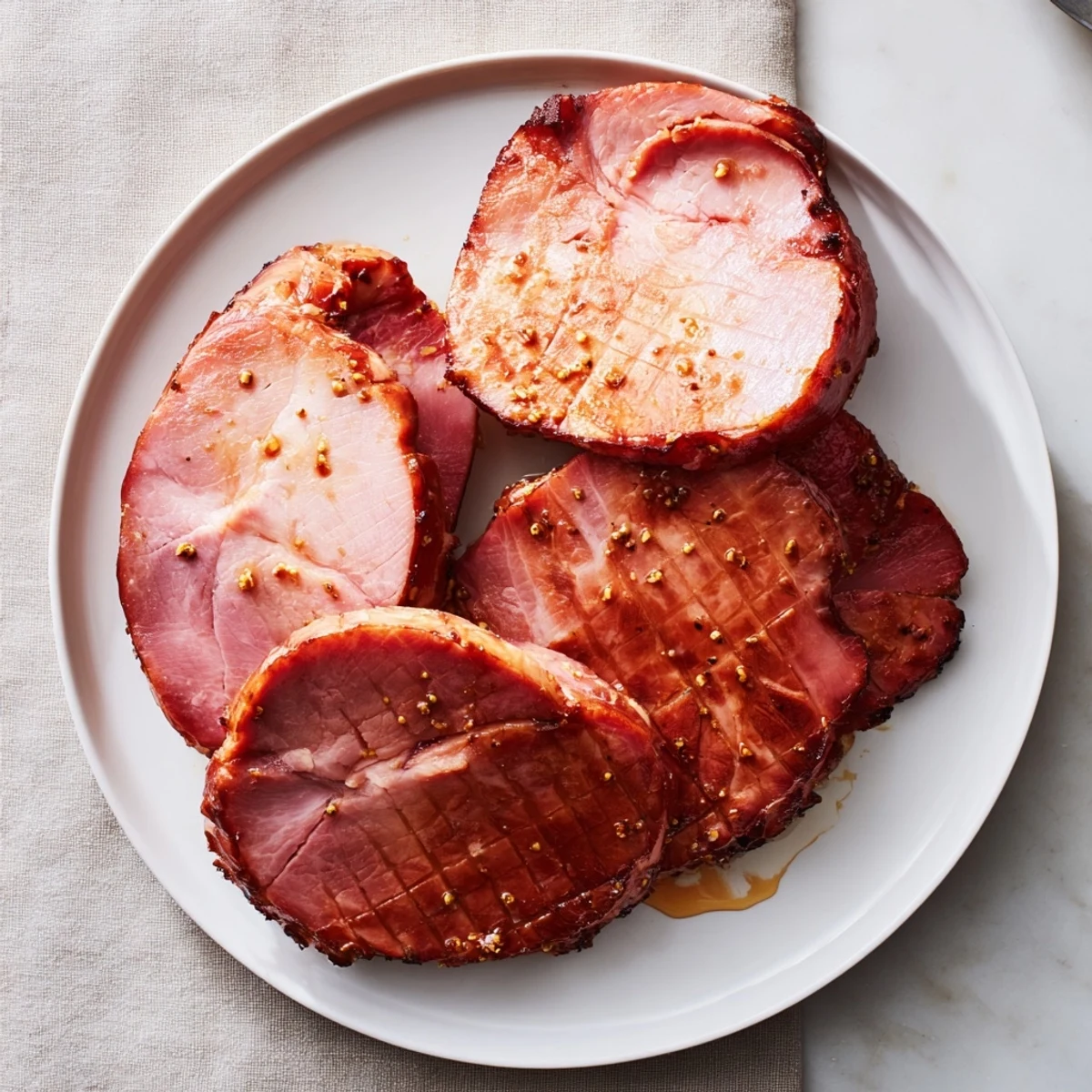 Festive Brown Sugar Mustard Glazed Ham resting beside roasted vegetables, ready for a holiday dinner spread.