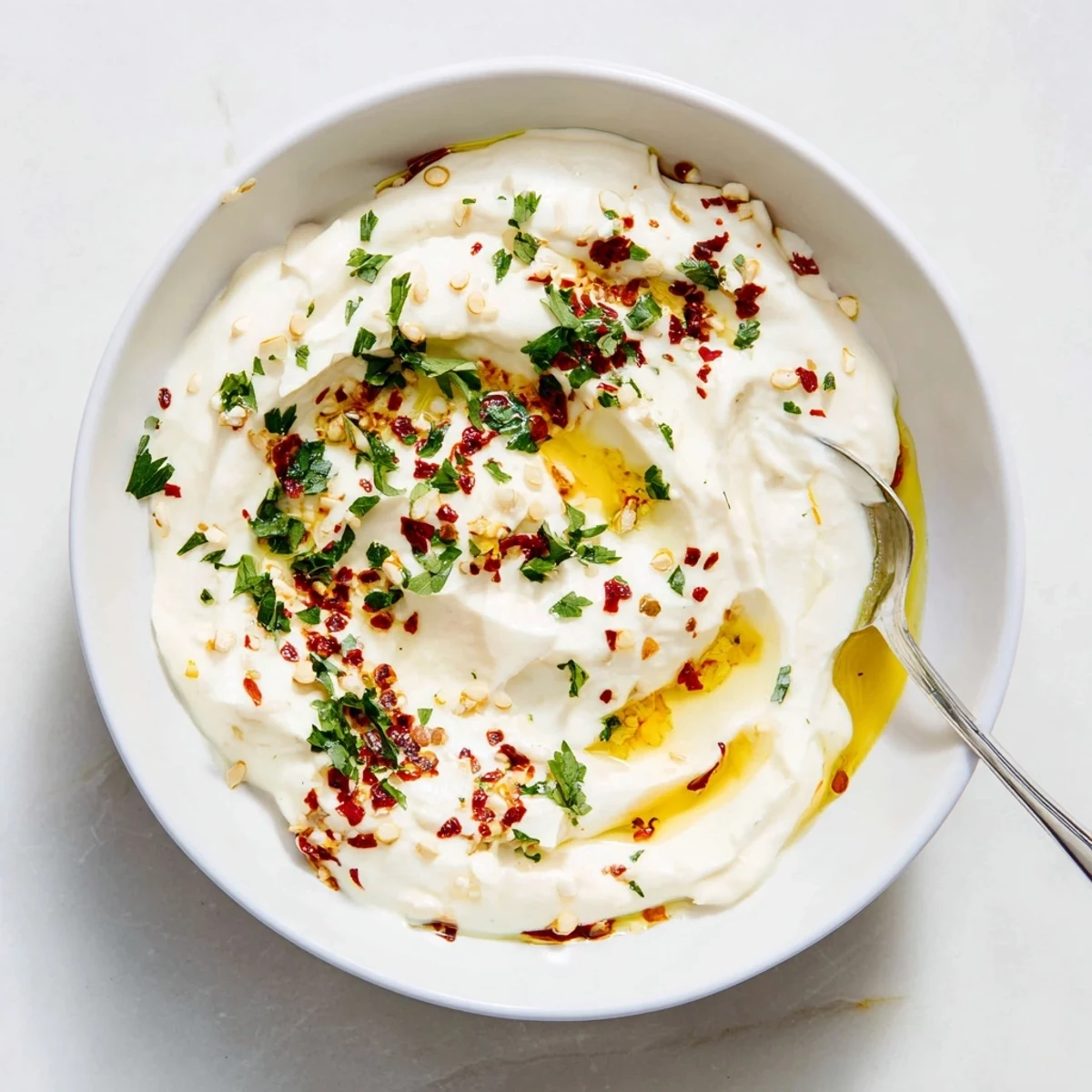 A bowl of creamy Tyrokafteri dip garnished with parsley and red pepper flakes beside warm pita bread.