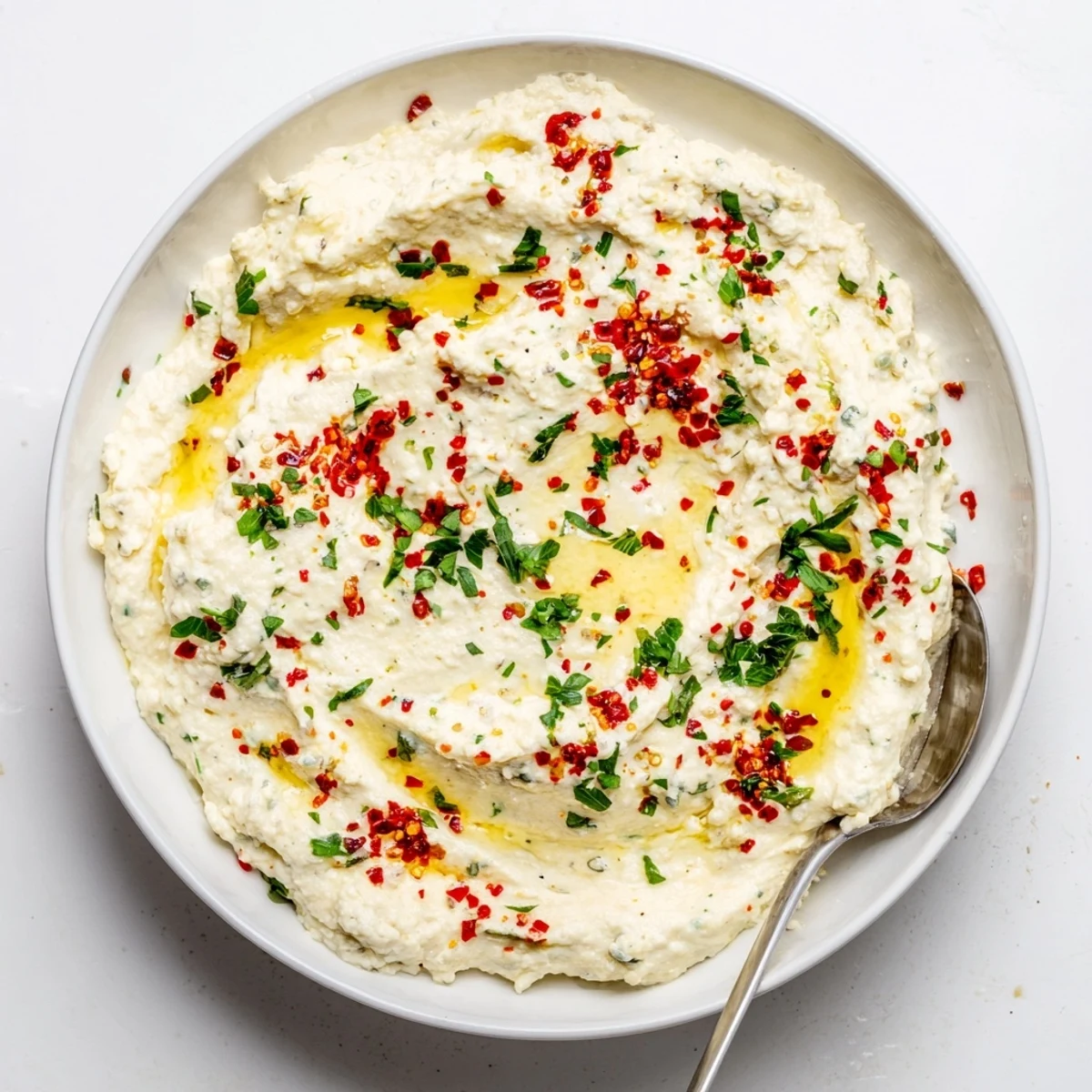 A close view of Tyrokafteri's chunky texture with olive oil drizzle on a rustic serving platter.