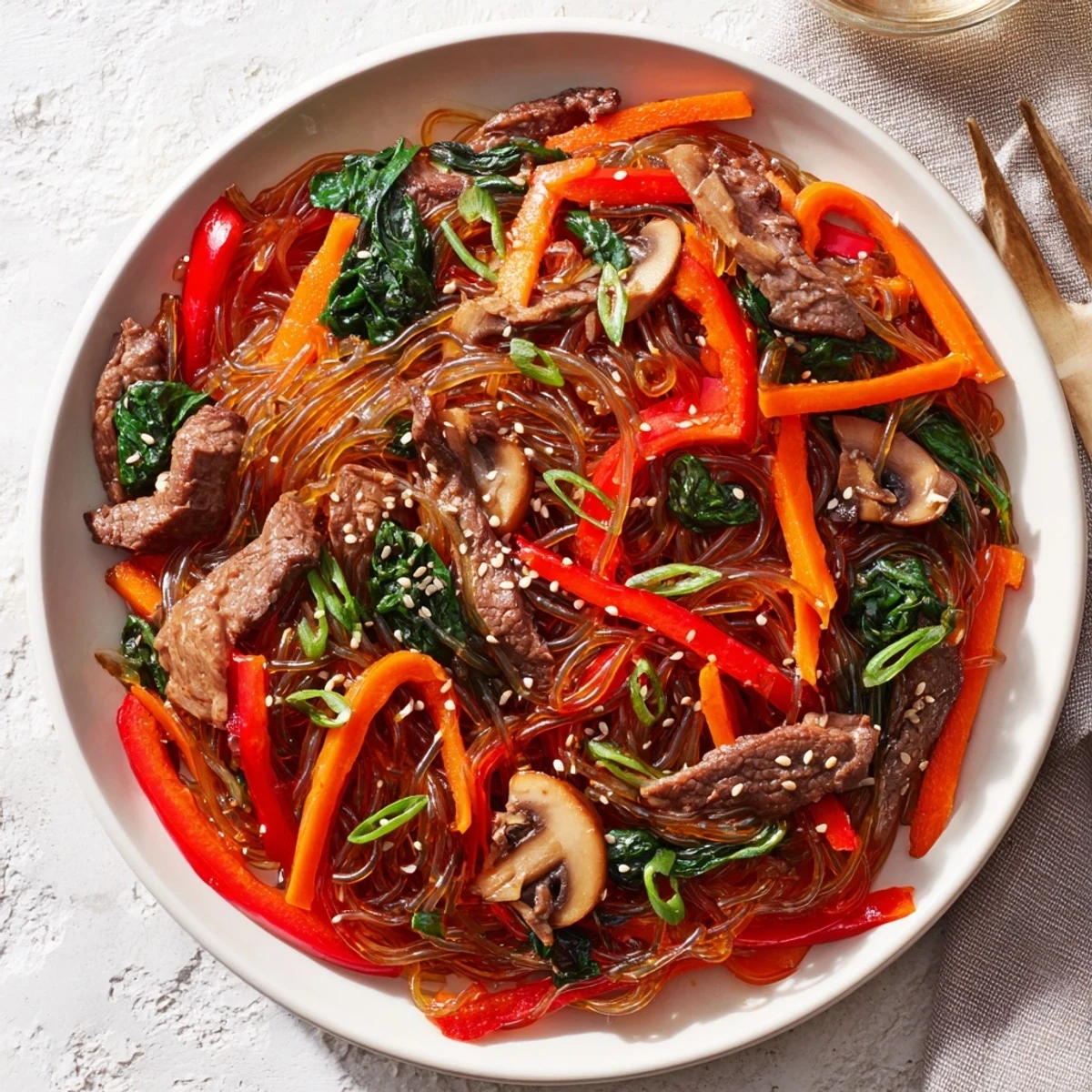 Korean Beef Noodles stir-fry features tender beef strips and chewy noodles tossed with colorful vegetables and a savory sauce.
