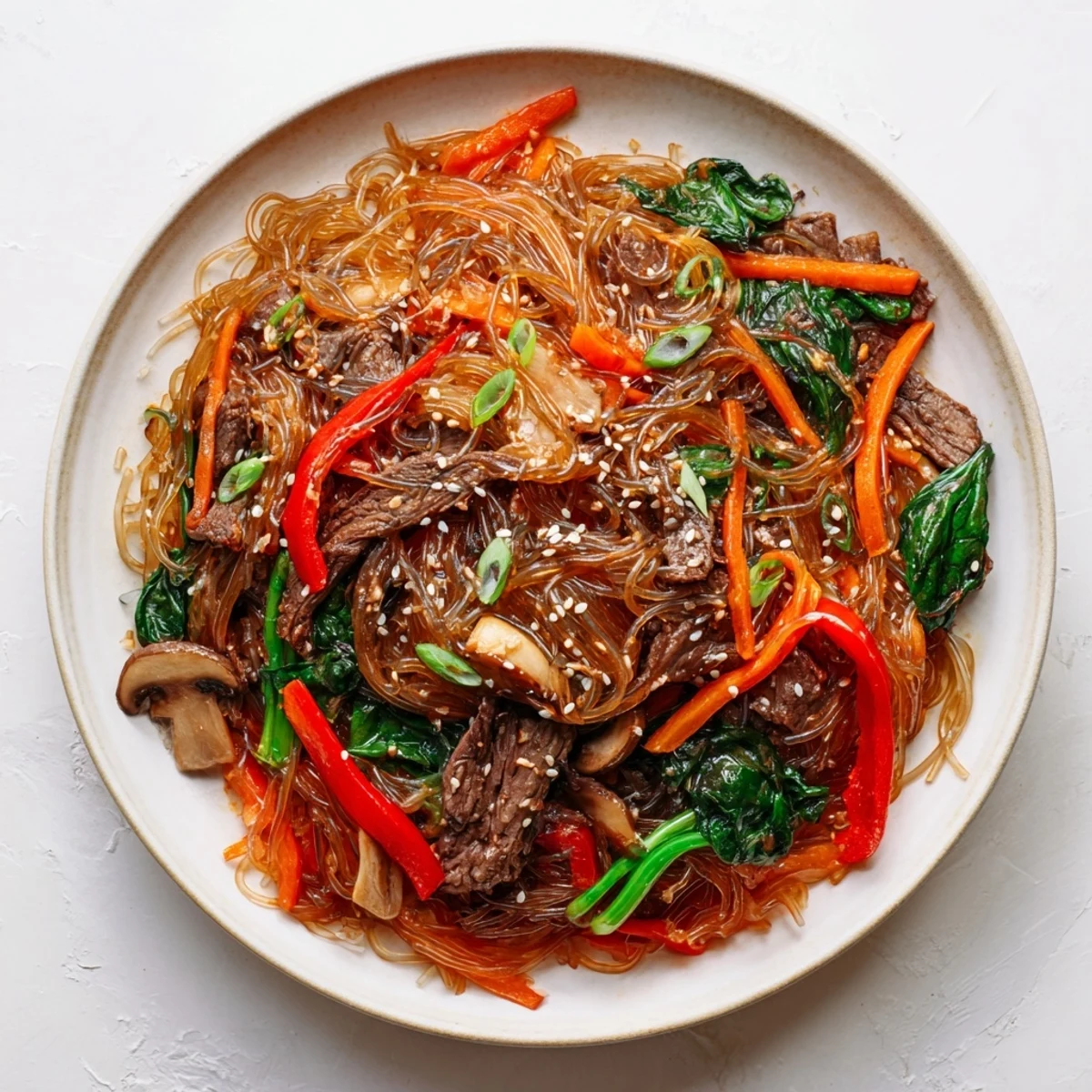 Steam rises from Korean Beef Noodles as glossy noodles are topped with sliced beef, carrots, and sesame garnish on a plate.