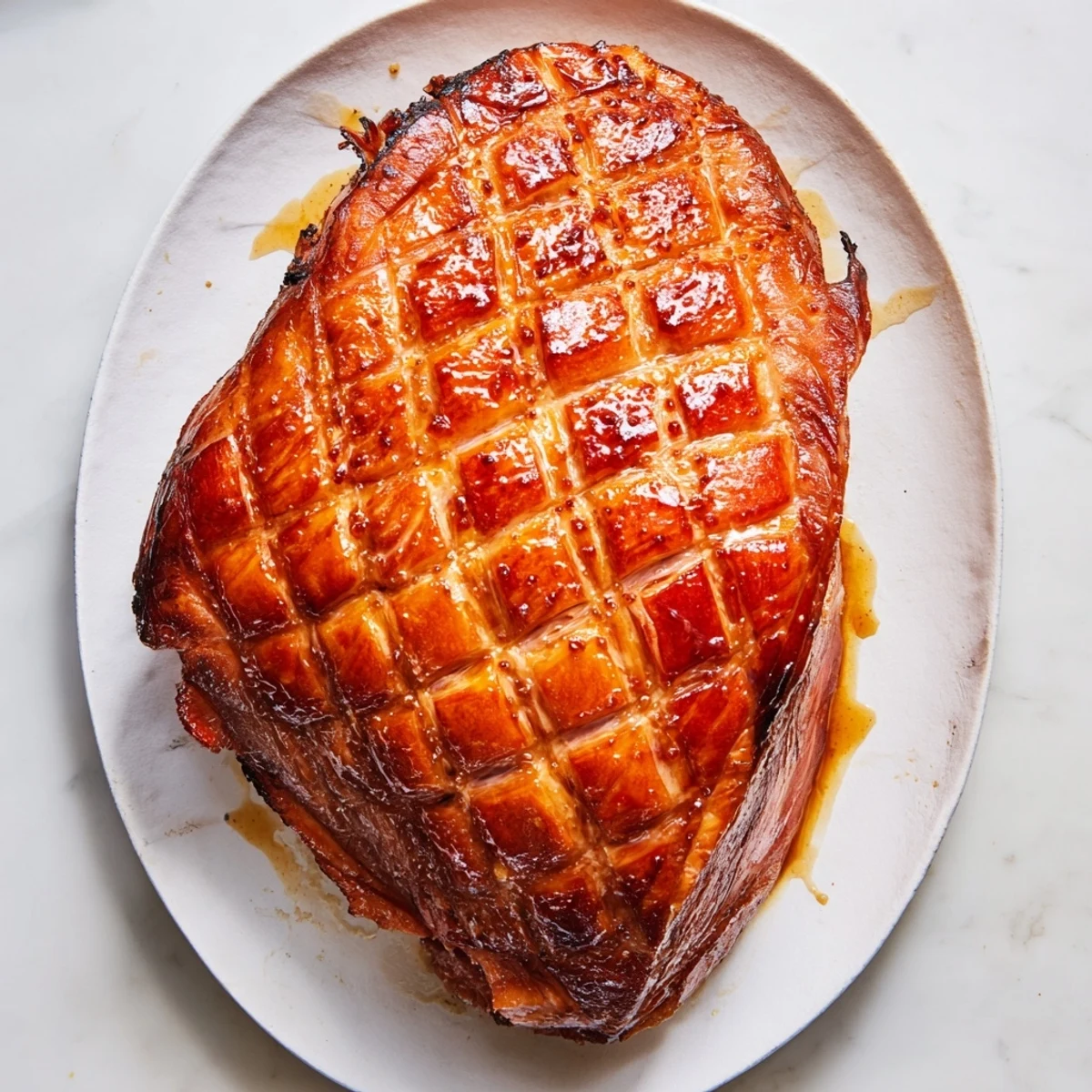 The caramelized Baked Ham with Maple Dijon Glaze rests on a platter, ready for a holiday gathering.  
