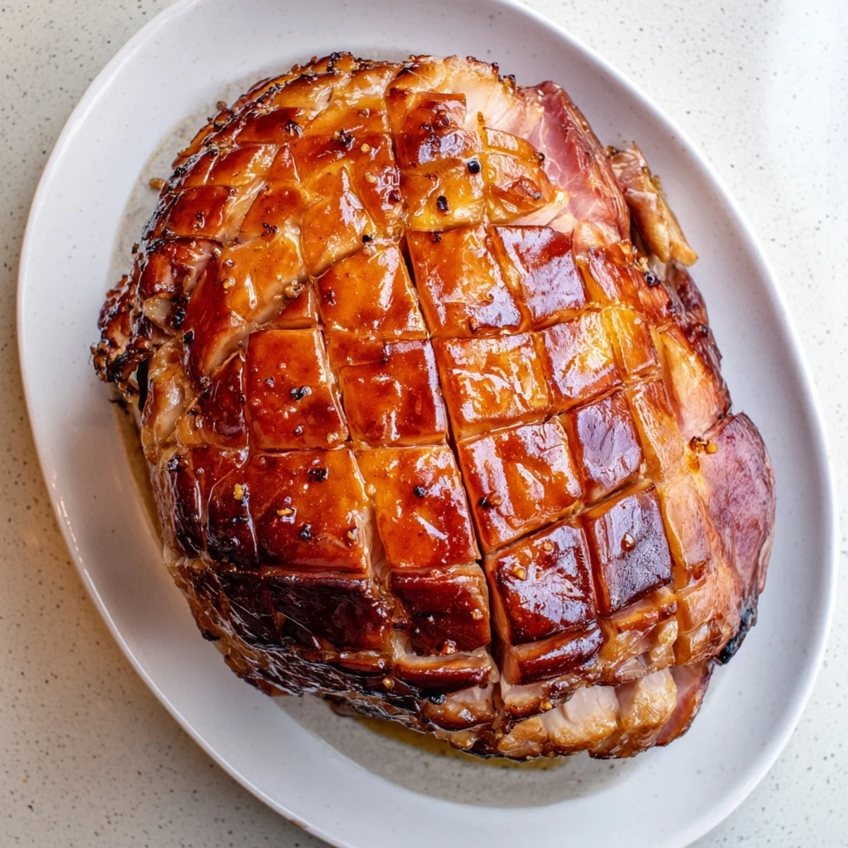 A glossy Baked Ham with Maple Dijon Glaze, sliced and served with roasted vegetables for a festive meal.  