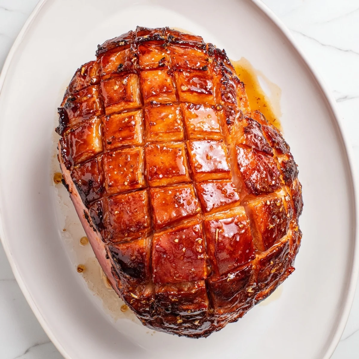 Juicy slices of Baked Ham with Maple Dijon Glaze arranged beside mashed potatoes on a warm dinner plate.