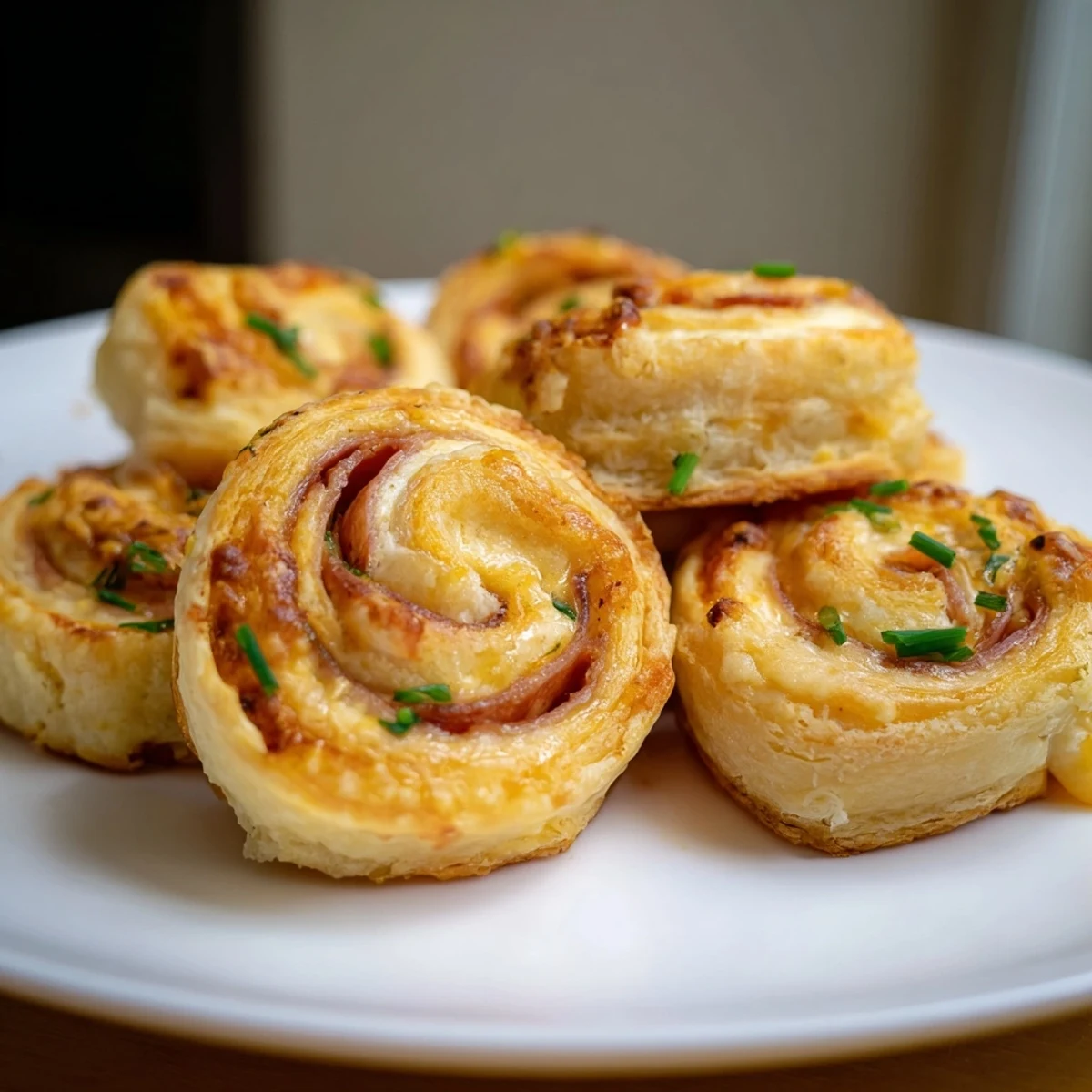 Golden brown Ham and Cheese Pinwheels showcasing flaky pastry swirls, ideal for a quick and easy snack.