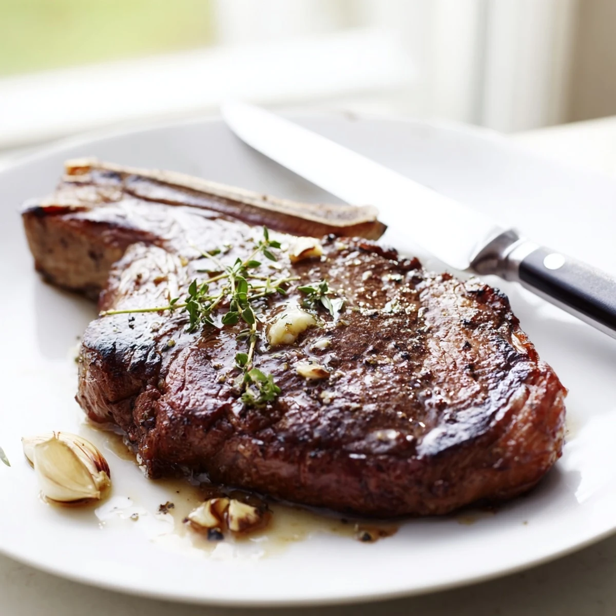 A close-up of juicy Pan Seared Ribeye Steak resting on a wooden board, sliced to reveal a tender pink interior and glistening juices.